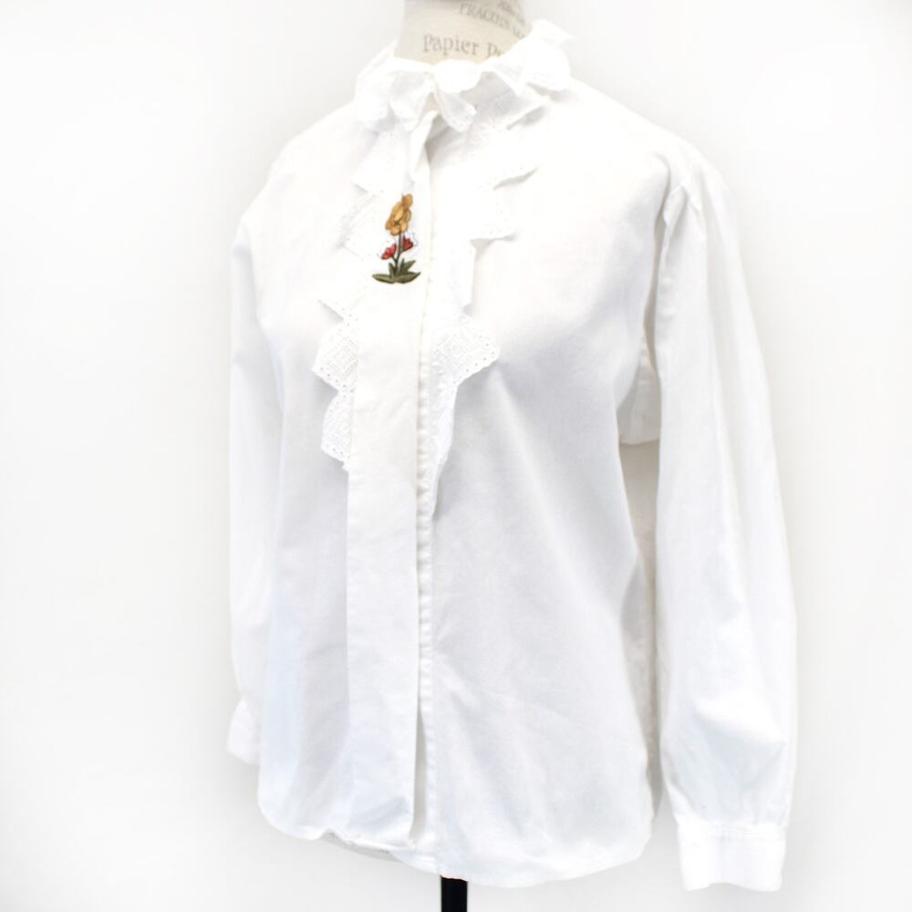 Alphorn Vintage Bavarian White Blouse 100% Cotton Embroidered Folkwear Button 42